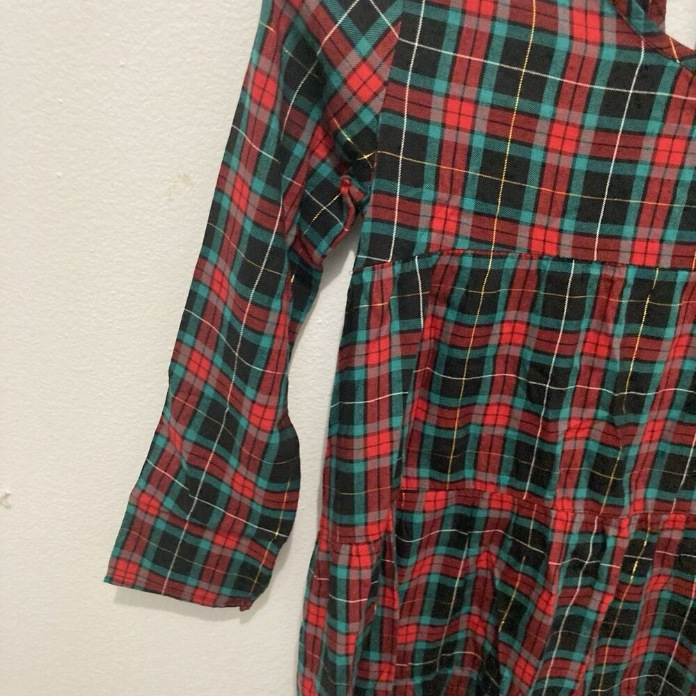 OLD NAVY red green multicolor plaid long sleeve tiered holiday dress M(8) - Picture 3 of 8